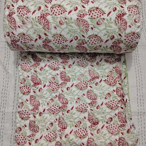 Indian Cotton Handmade Quilted Razai, Floral Hand Block Print Winter Warm Razai Quilt Throw Bedspread Queen Size Blanket Doctor Cotton Quilt
