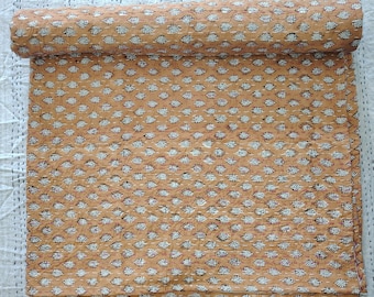 Handmade Beige Kantha Quilt: Block Print Cotton Bedspread (108x90 Inches)