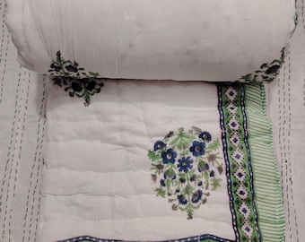 Jaipuri Floral Block Print Cotton Comforter: Reversible Boho Quilt