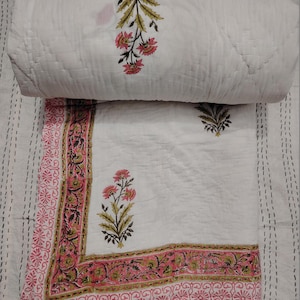 100% Cotton Light Weight Winter Reversible Razai, Winter Warm Razai Quilt, Bedspread Quilt Ethnic Hand Block Print Coverlet Quilt Blanket