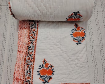 Handmade Floral Block Print Cotton Quilt, Reversible Indian Kantha Razai