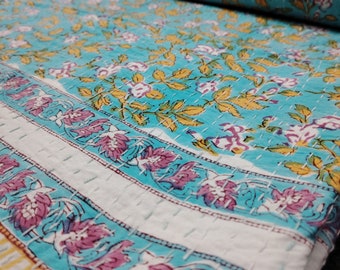 Floral Print Kantha Quilt: Reversible Indian Cotton Bedspread (King Size)