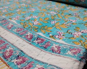 Beautiful Floral Print kantha quilt Indian hand block print kantha quilt Reversible cotton Bedding Bedspread King Size Vintage Kantha Gudari