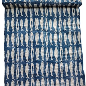 Indigo Blue Fish Print Kantha Quilt: Hand Block Cotton Throw Blanket (108'' x 90'')