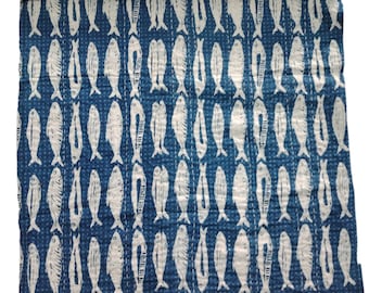 Edredón Kantha Azul Floral Hecho A Mano En India – Suave, 100% Algodón, Tamaño Individual – Colcha Ligera Y Artesanal