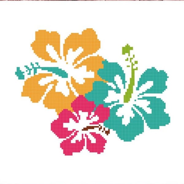 Colourful Hibiscus Flowers Cross-Stitch Pattern, beginner cross-stitch pattern, colourful embroidery, easy cross-stitch design