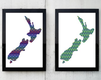 New Zealand cross-stitch pattern, Map of New Zealand / Aotearoa, colourful cross-stitch with two design options, good for beginners