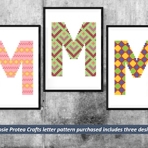 Letter M Alphabet cross-stitch pattern. Every pattern includes 3 stylish design options. Flexible colour schemes. 41 stitches wide x 50 high