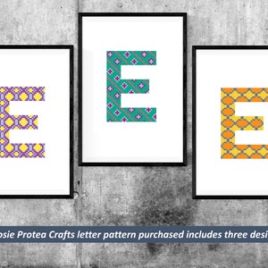 Letter E Alphabet cross-stitch pattern. Every pattern includes 3 stylish design options, Flexible colour schemes, 35 stitches wide x 50 high