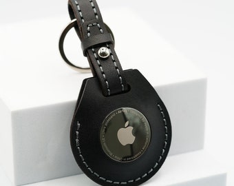 Handmade Leather AirTag Case - Black & Grey (Stitched loop)