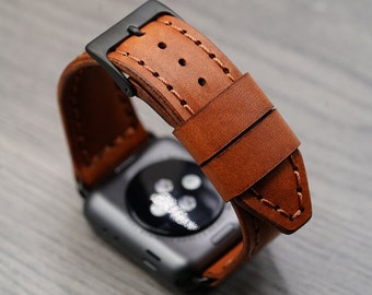 Leather Apple Watch Strap / Personalised / 38mm 40mm 42mm 44mm 45mm 49mm / Series 8 7 6 5 4 3 2 1 SE and Ultra / Handmade - Buck Brown