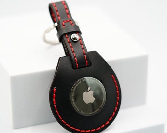 Handmade Leather AirTag Case - Black (Stitched loop)