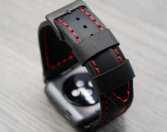 Leather Apple Watch Strap / Personalised / 38mm 40mm 42mm 44mm 45mm 49mm / Series 8 7 6 5 4 3 2 1 SE and Ultra / Handmade - Black & Red