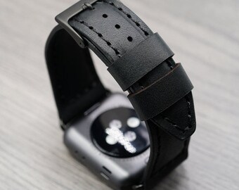 Leather Apple Watch Strap / Personalised / 38mm 40mm 42mm 44mm 45mm 49mm / Series 8 7 6 5 4 3 2 1 SE and Ultra / Handmade - Black