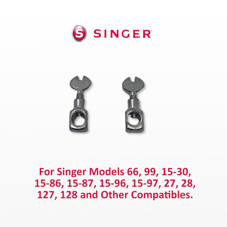 May include: Two silver-colored Singer sewing machine parts with a key-shaped top and a rectangular base. The Singer logo is at the top. Text at the bottom reads: For Singer Models 66, 99, 15-30, 15-86, 15-87, 15-96, 15-97, 27, 28, 127, 128 and Other Compatibles.