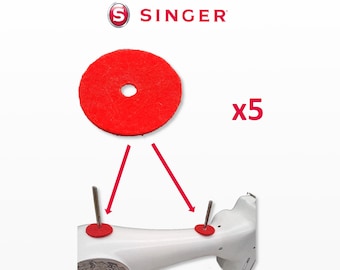 May include: A Singer sewing machine accessory set featuring five red felt discs with a central hole. The discs are shown with arrows pointing to their placement on a white sewing machine. The Singer logo is at the top.