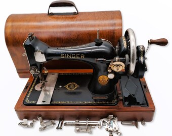 Singer Model 128 Hand Crank Sewing Machine from 1937 with Accessories and Wooden Cover