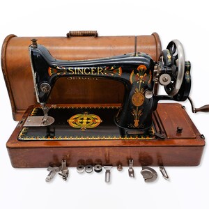 Singer Crank Sewing Machine Year 1923 Model 66K Lotus Decals with Wooden Cover and Accessories