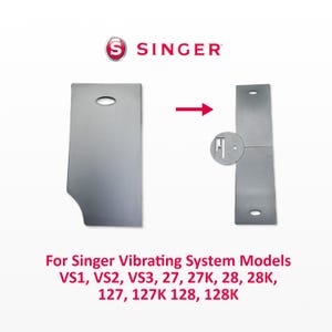 Könnte beinhalten: Zwei silberfarbene Nähmaschinen-Teile werden mit einem roten Pfeil zur Montage gezeigt. Das Singer-Logo befindet sich oben. Der Text unten lautet: Für Singer Vibrating System Modelle VS1, VS2, VS3, 27, 27K, 28, 28K, 127, 127K 128, 128K.