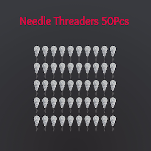 May include: Fifty silver needle threaders arranged in a grid pattern on a black background. The text "Needle Threaders 50Pcs" is displayed above the threaders.
