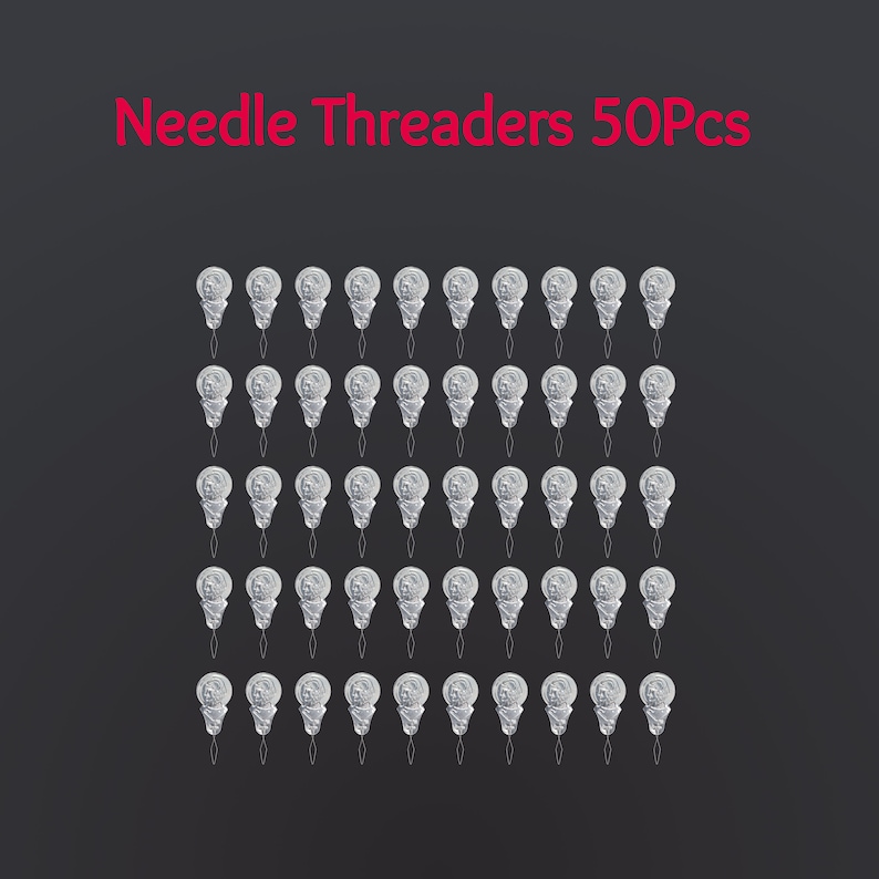 May include: Fifty silver needle threaders arranged in a grid pattern on a black background. The text "Needle Threaders 50Pcs" is displayed above the threaders.