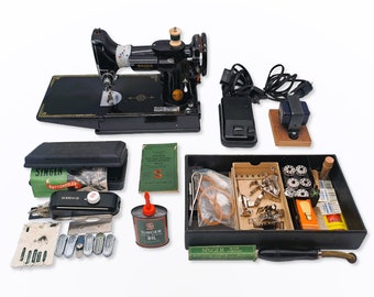 Singer Featherweight Motor Sewing Machine from 1948 Model 221 Perfectly Working with Various Original Accessories