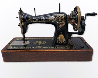 1908 Singer Handkurbel-Nähmaschine Modell 15 mit Aufklebern im „Tiffany/Gingerbread“-Stil