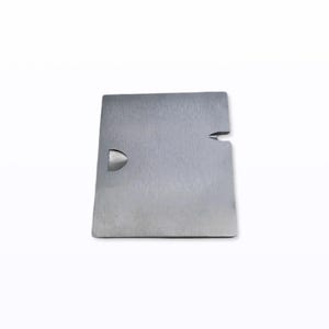 May include: A square, brushed metal object with a rounded cutout on one side and a small notch on the other. The object is silver and appears to be made of a solid, durable material. The background is plain white.