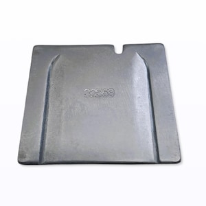 May include: A silver-colored, rectangular metal object with a recessed area and the number "32569" stamped on the surface. The object has a notch on one side and appears to be a mold or a part of a larger mechanism.