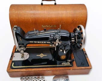 Motor Sewing Machine Brand Singer Year 1954 Model 216G With Wooden Cover and Accessories