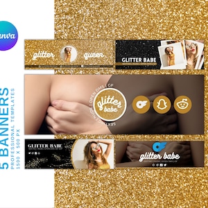 Onlyfans 5 Banners Template Bundle | For Fansly, Niteflirt, Adult Contents, Cam Girl, nsfw | Edit in Canva | Gold Glitter & Black