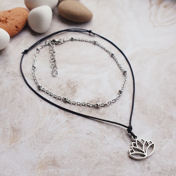 Lotus Flower Anklet, Stainless Steel Chain Anklet, Water Resistant Anklet, Silver Anklet, Black Cord Anklet, Boho Anklet, Lotus Flower Gifts