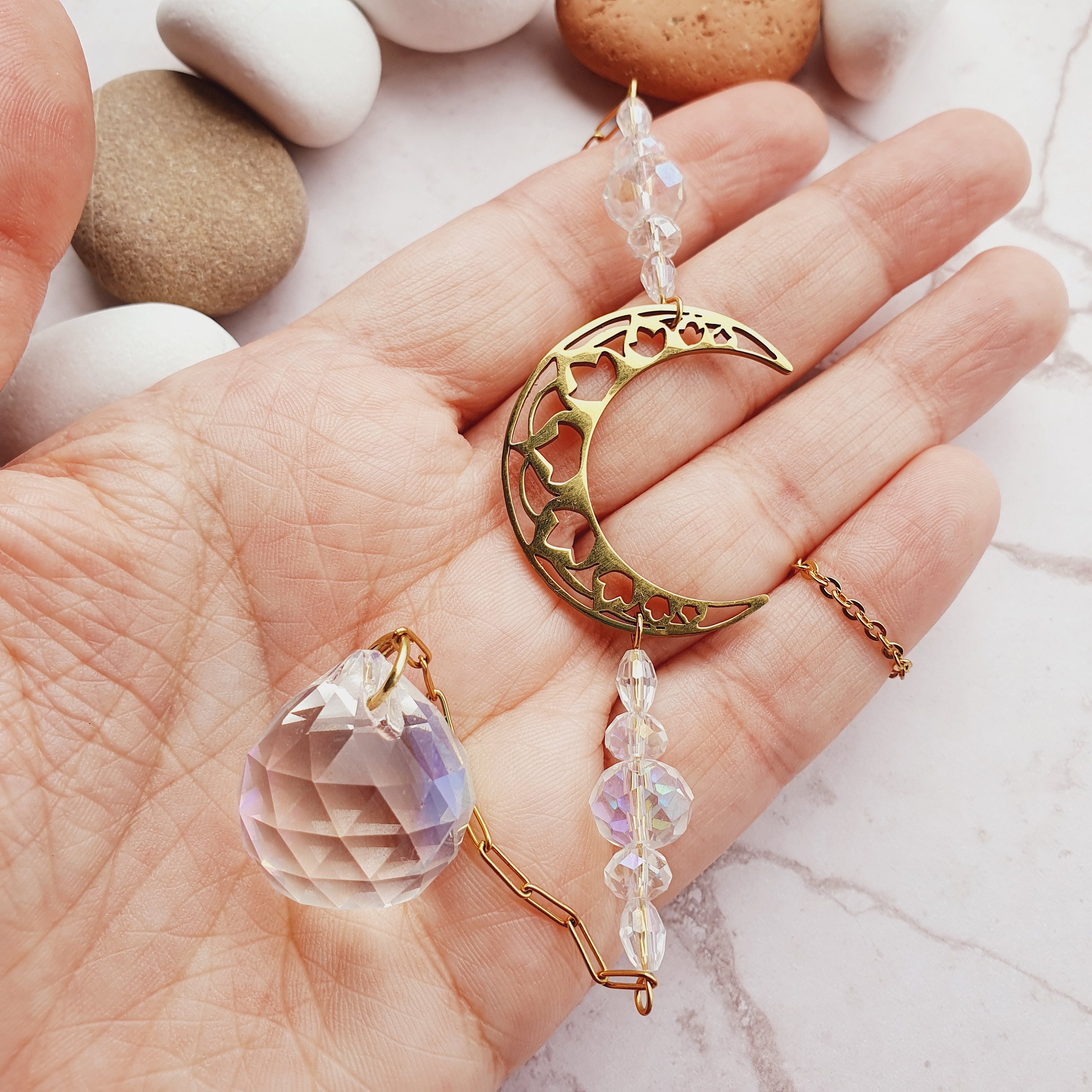 Moon Suncatcher Rainbow Gold Moon Crystal Suncatcher Window Hanging ...