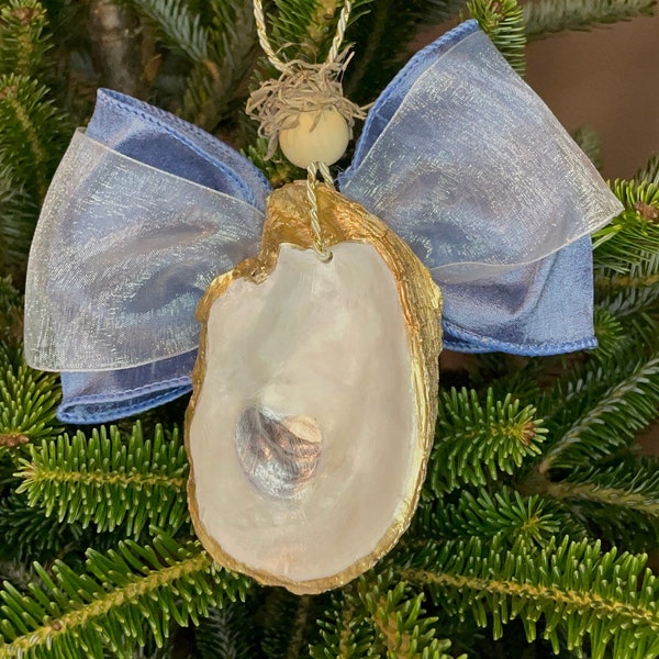 Angel Oyster Ornament, blue ribbon wings