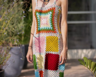 knitted patch dress, handmade soft wool colorful woman dress | Crochet dress