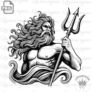 Könnte beinhalten: Schwarz-Weiß-Illustration einer muskulösen, bärtigen Figur, die einen Dreizack hält. Die Figur hat langes, fließendes Haar und taucht aus stilisierten Wellen auf. Das Bild hat einen Vintage-Gravurstil.