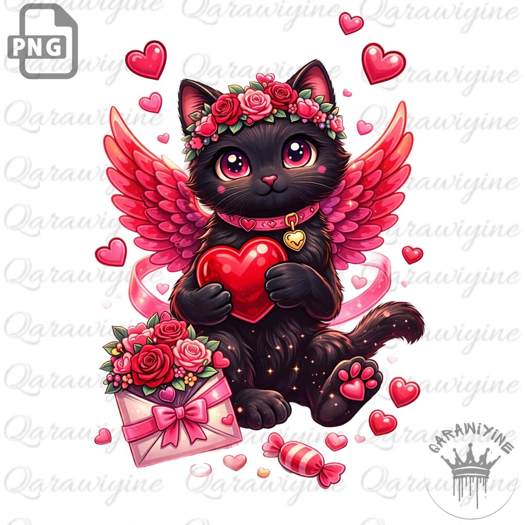 Black Cat Valentine PNG – Angel Wings, Heart (digital Download) - Etsy