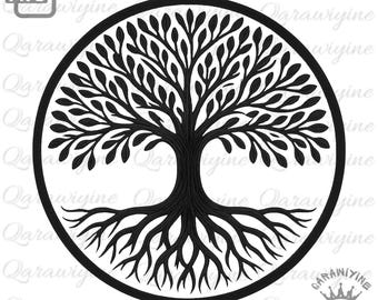 May include: Black and white tree of life design. The tree features a detailed trunk, branches, and roots, all enclosed within a circular frame. The image is a PNG file, suitable for various applications.