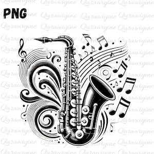 Pode incluir: Ilustração em preto e branco de um saxofone com notas musicais e um design floral decorativo. O saxofone é um instrumento musical.