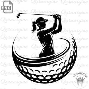 Op de afbeelding: Zwart silhouet van een golfer die een club zwaait, geplaatst in een golfbalontwerp. De figuur draagt een pet en sportkleding. De afbeelding is een PNG-bestand.