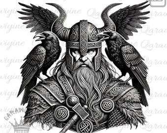 Odin Portrait PNG: Viking Art with Ravens, Medieval Silhouette