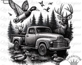 Retro Duck Hunting PNG: Truck, Deer, Camo Design (Digital Download