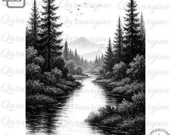Misty Pine Forest PNG: Scenic Woodland Clipart (Digital Download)