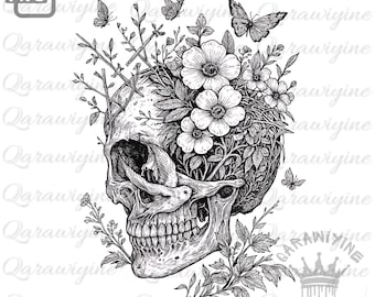 Floral Skull PNG Clipart: Botanical Skull Digital Art (300 DPI Transparent Background)
