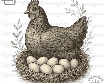 Vintage Hen in Nest Clipart: Rustic Farmhouse Chicken PNG (Digital Download)