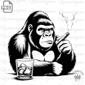 May include: Black and white illustration of a gorilla smoking a cigar and holding a glass of whiskey with ice cubes. The gorilla has a stern expression. The image is a PNG file.
