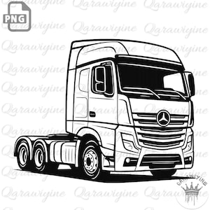 May include: Black and white line art illustration of a semi-truck. The truck features a detailed front grill, headlights, and the Mercedes-Benz logo. The image is a PNG file, suitable for various design applications.