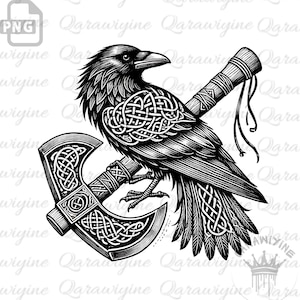May include: Black and white illustration of a raven perched on a Viking axe with intricate Celtic knotwork designs. The raven's feathers and the axe's handle are adorned with the knotwork pattern.
