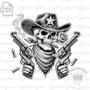 Cowboy Skull PNG – Sheriff Skeleton Cowboy Clipart, Skull Cowboy Hat Art, Wild West Outlaw Digital Design