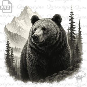 May include: A black and white illustration of a bear standing in front of a mountain range with trees in the background.